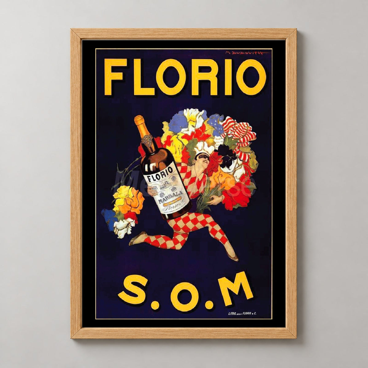 Florio Marsala Vintage Advertising Poster Art Print — realistic natural wood frame studio view