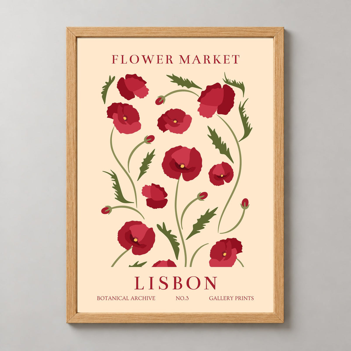 Lisbon Flower Market - Botanical Archive Vintage Art Print No.3 — realistic natural wood frame studio view