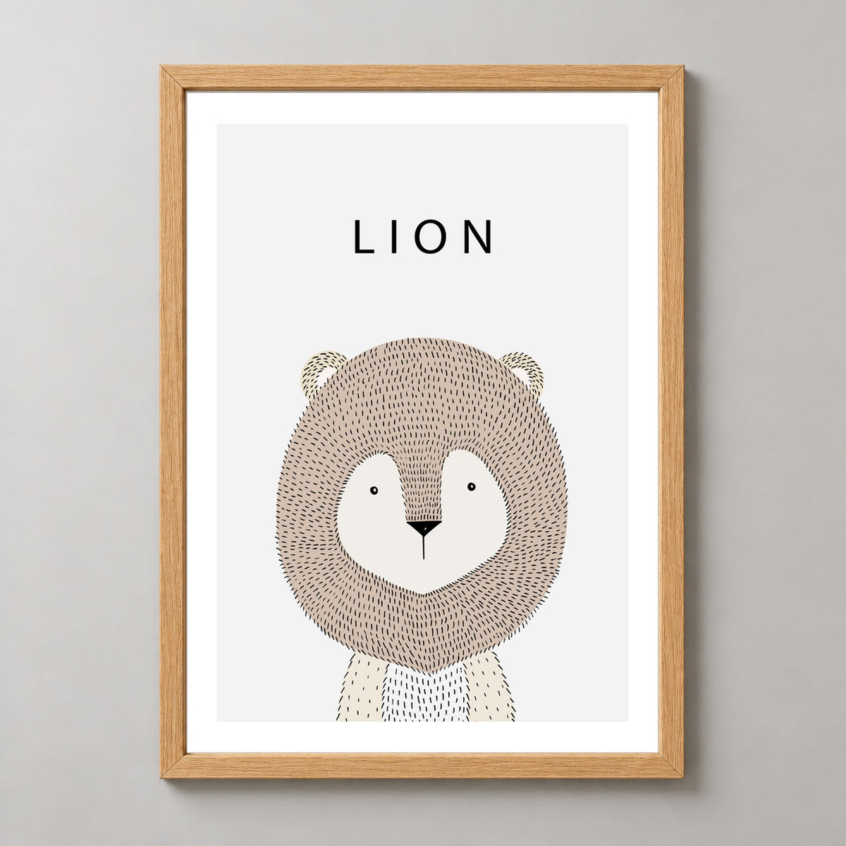 Minimalist Lion Kids Room Art Print — realistic natural wood frame studio view