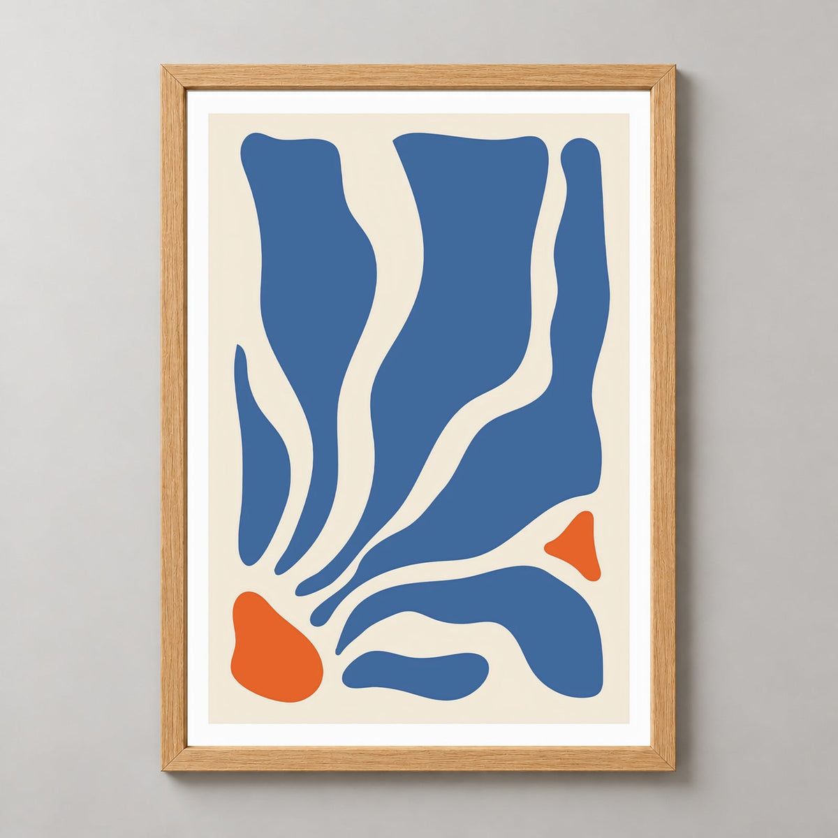 Modern Abstract Blue and Orange Art Print — realistic natural wood frame studio view