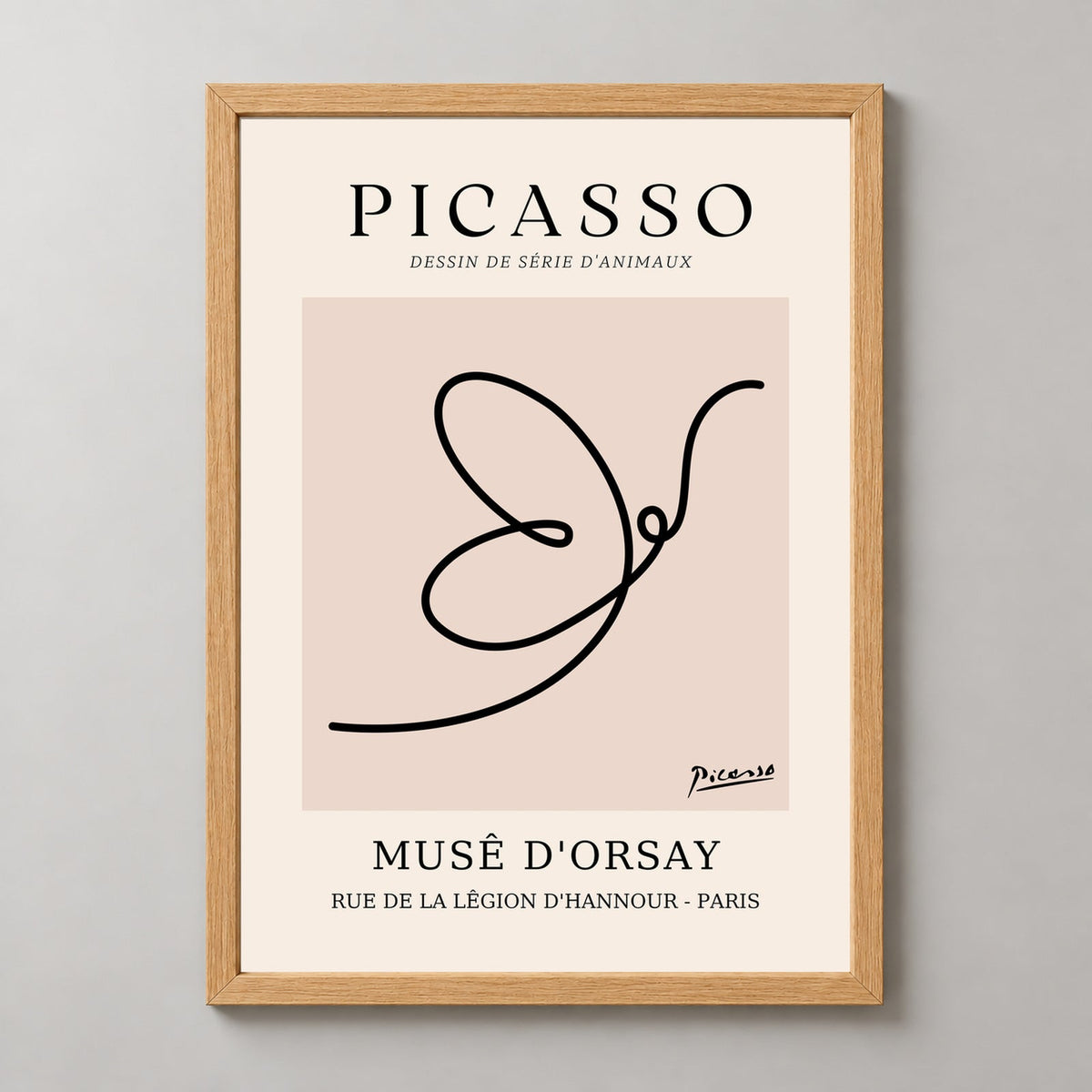 Picasso's Animal Series Drawing - Iconic Minimalist Art Print — realistic natural wood frame studio view