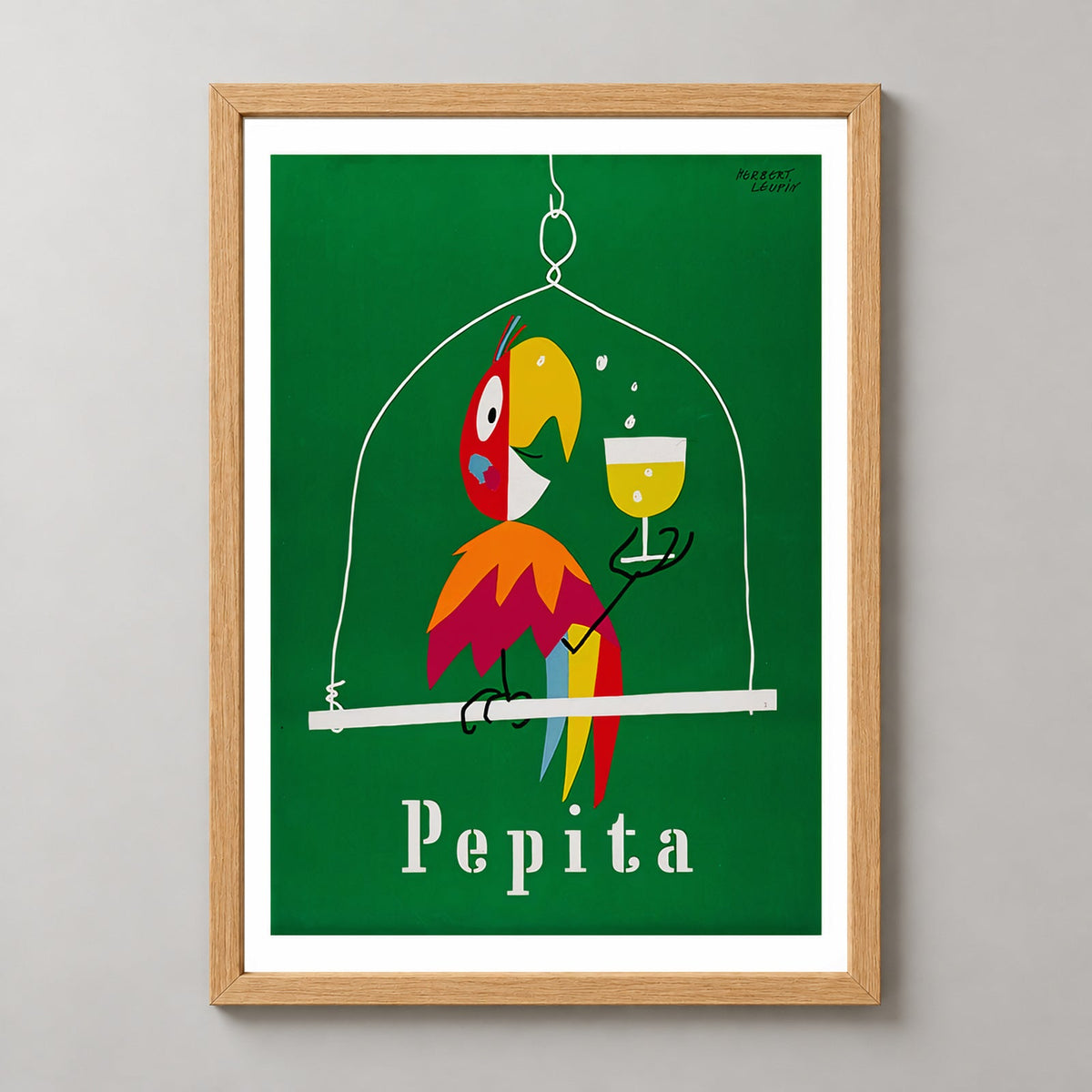 Herbert Leupin's Pepita - Vibrant Vintage Poster Art Print — realistic natural wood frame studio view