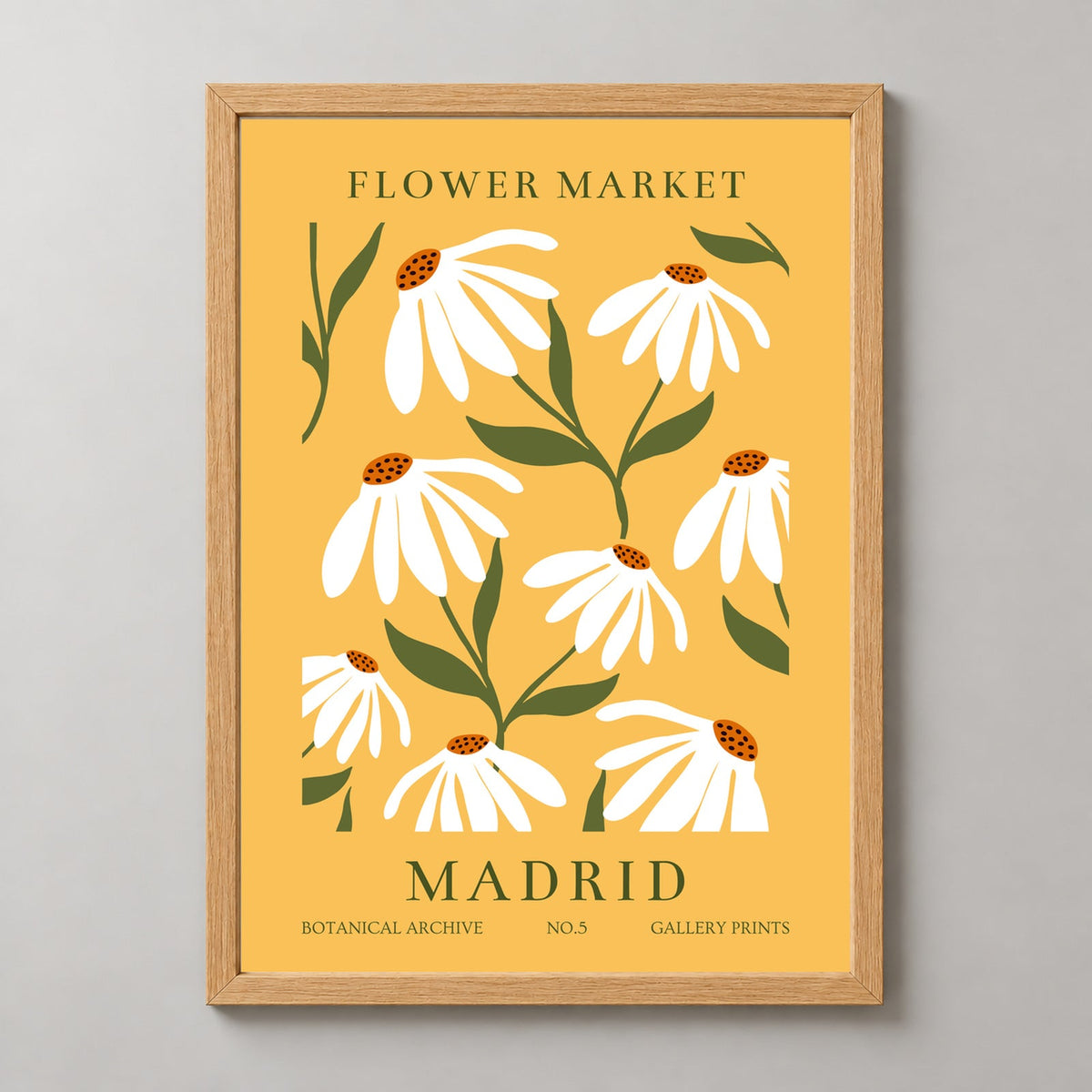 Flower Market Madrid Botanical Archive No.5 Gallery Prints - Floral Art Print — realistic natural wood frame studio view