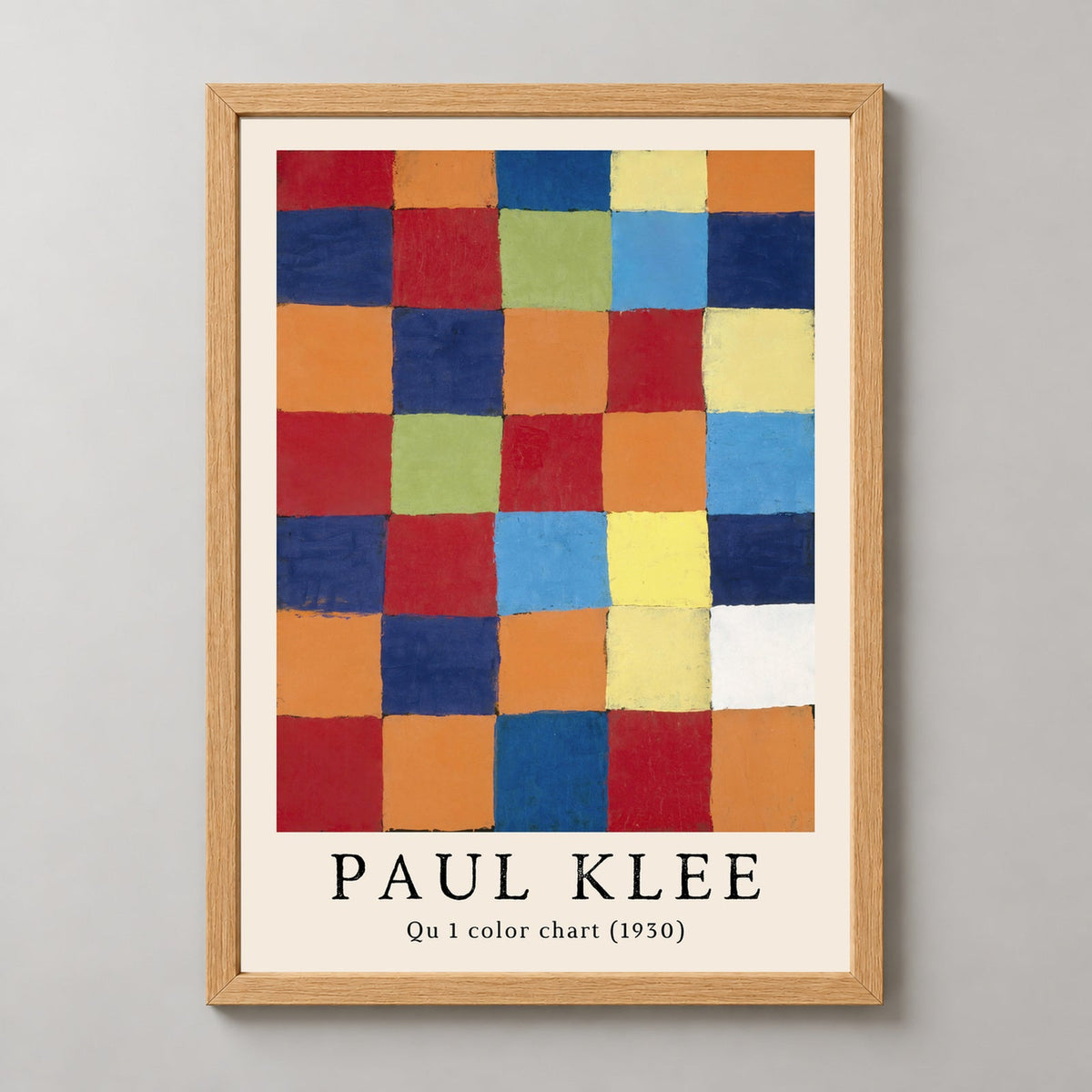 Paul Klee's Qu 1 Color Chart (1930) - Geometric Abstract Art Print — realistic natural wood frame studio view