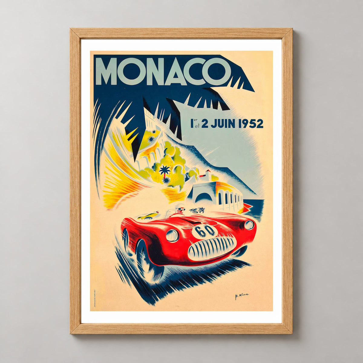 Monaco Grand Prix 1952 Poster by Bernard Minne — realistic natural wood frame studio view