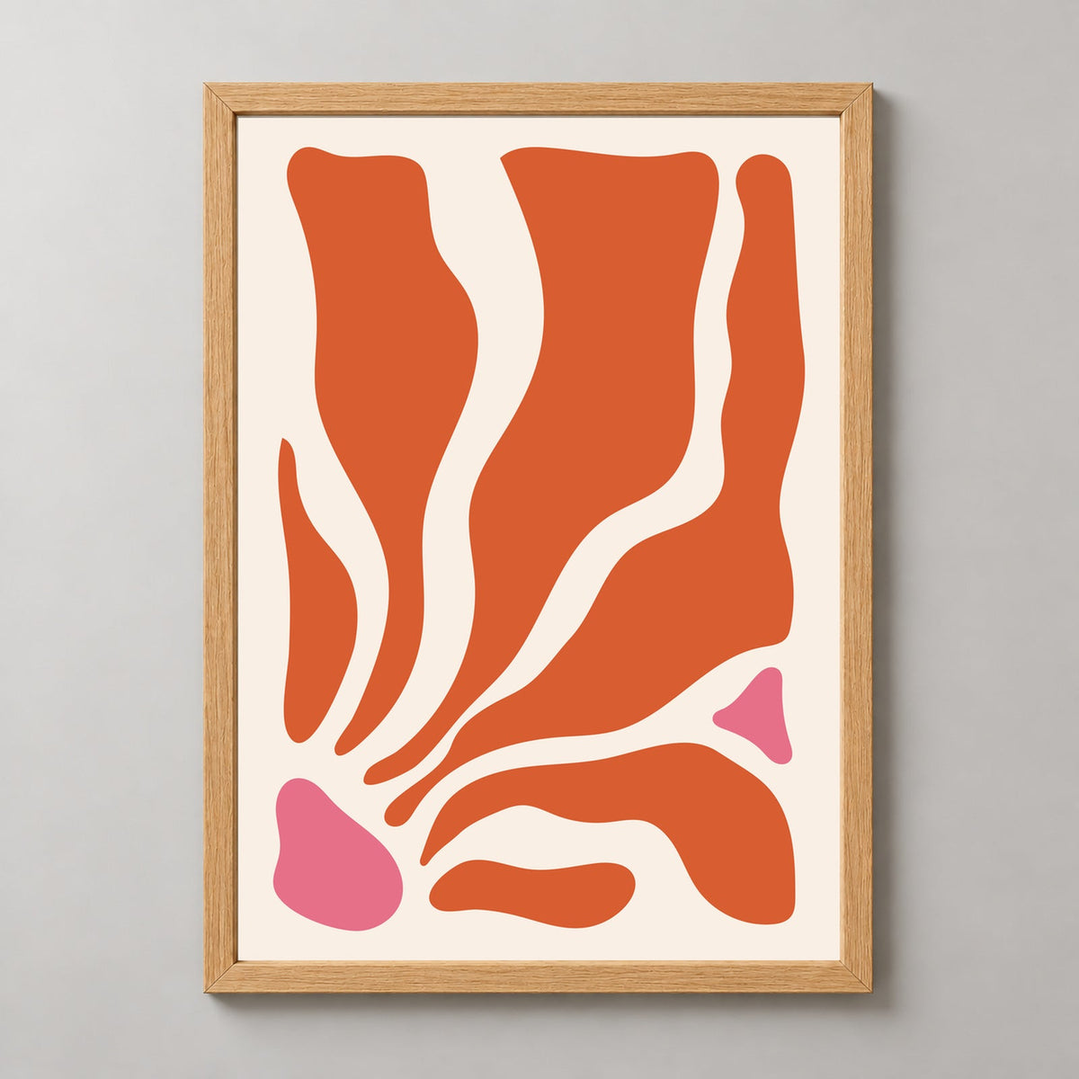 Abstract Orange and Pink Minimalist Art Print — realistic natural wood frame studio view