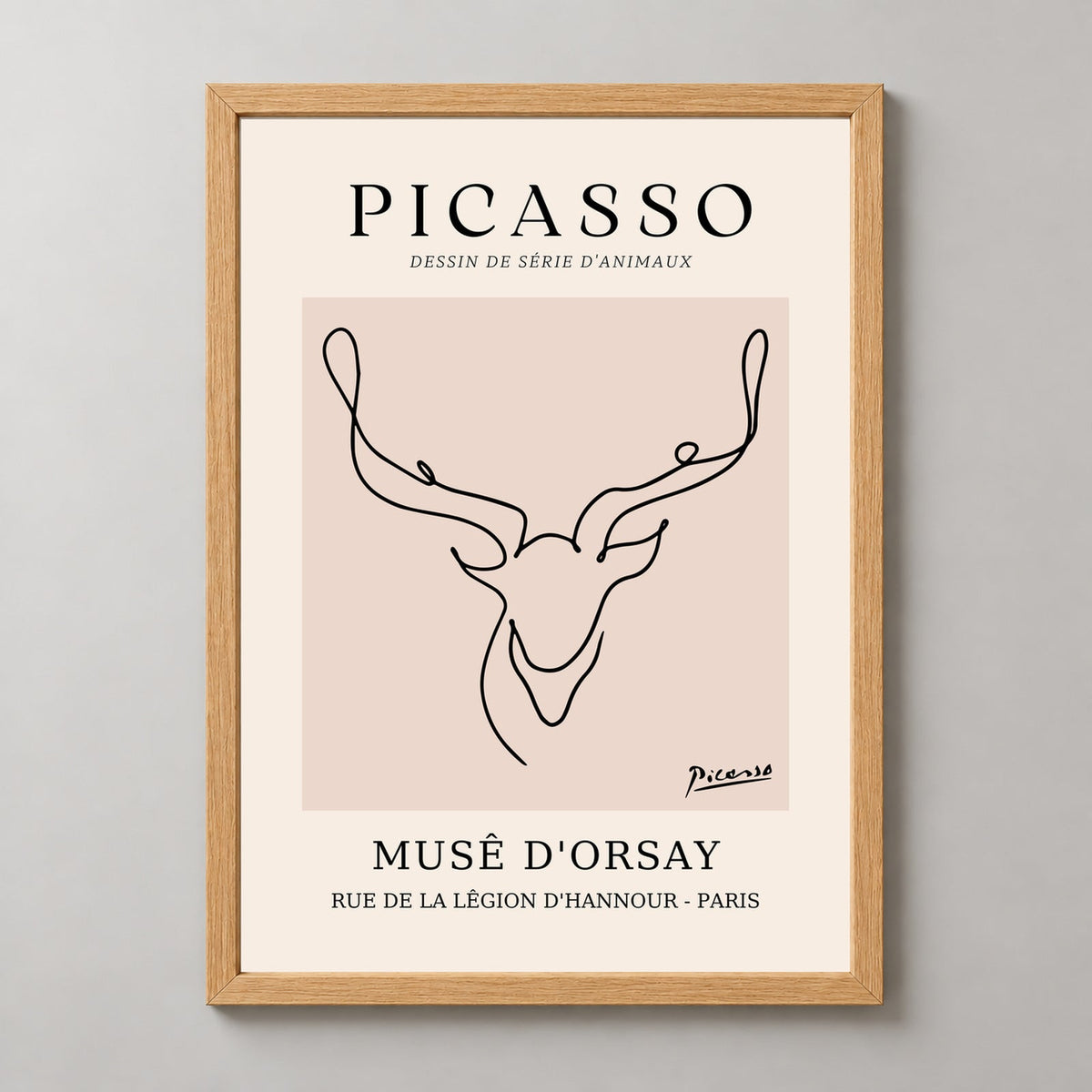 Picasso's Drawings of Animals - Minimalist Art Print — realistic natural wood frame studio view