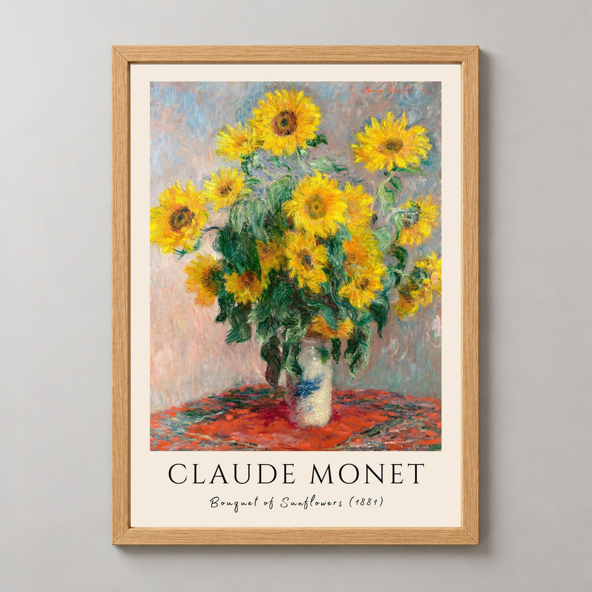Claude Monet's Bouquet of Sunflowers (1881) - Classic Impressionist Art Print — realistic natural wood frame studio view