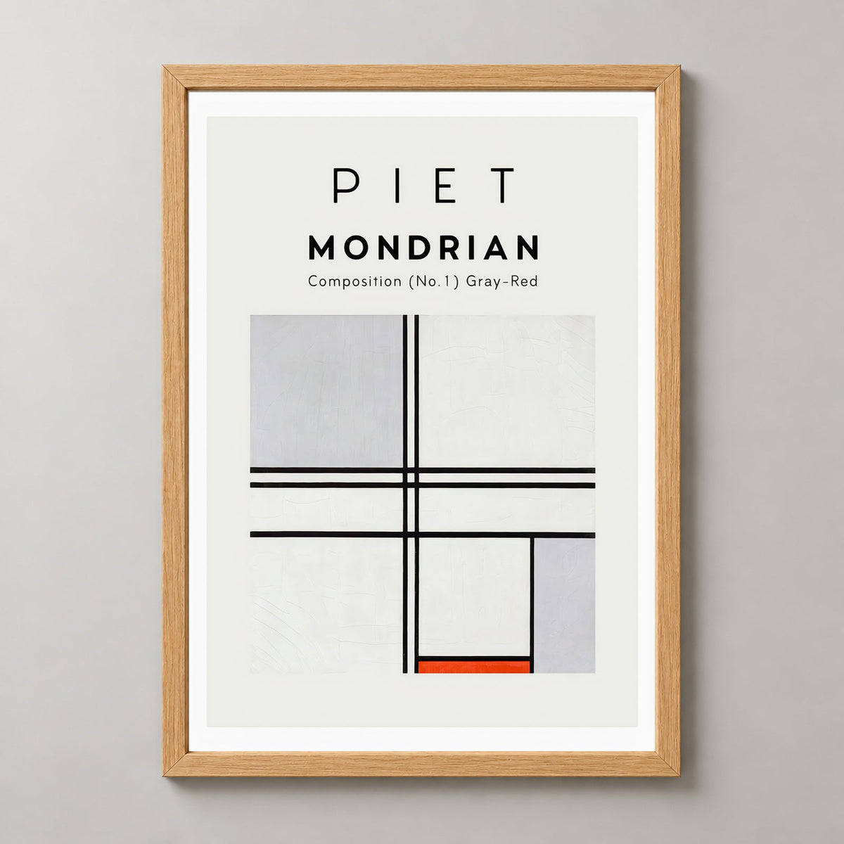 Piet Mondrian - Composition No. 1 Gray-Red Art Print — realistic natural wood frame studio view