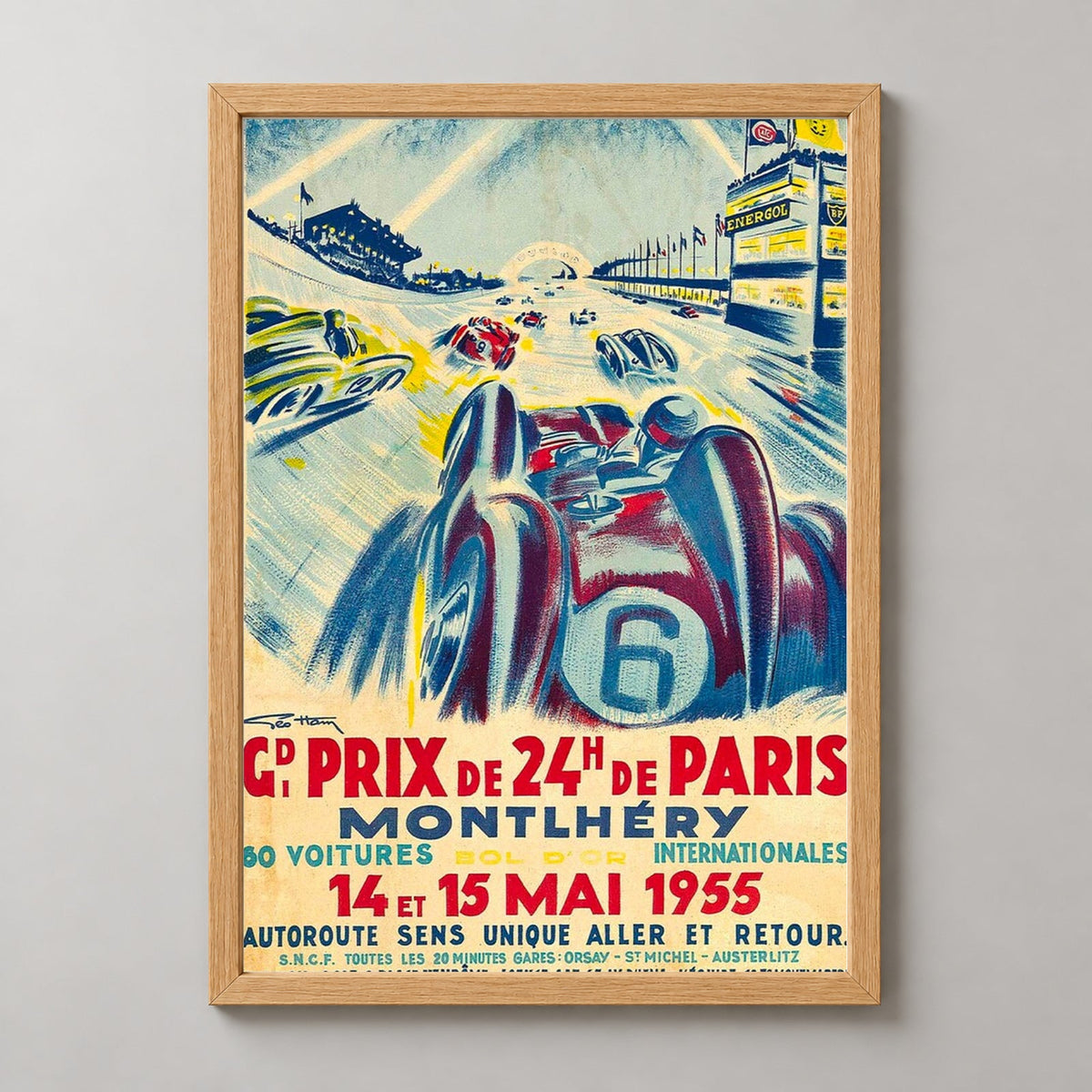 Grand Prix de 24H de Paris 1955 - Vintage Racing Poster by Geo Ham — realistic natural wood frame studio view