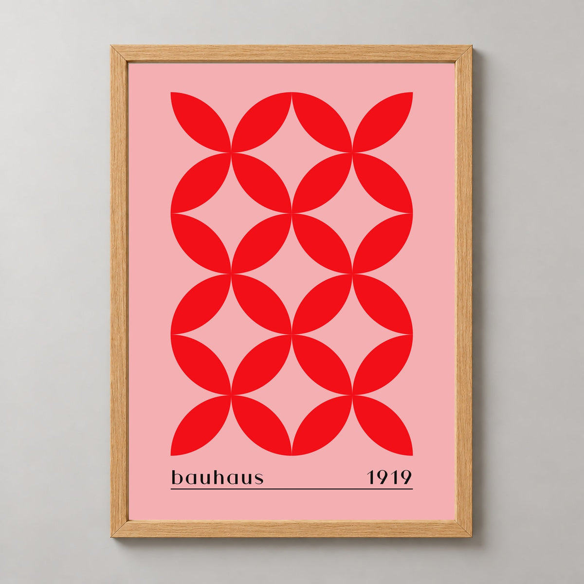 Bauhaus 1919 Geometric Red Pattern - Vintage Design Art Print — realistic natural wood frame studio view