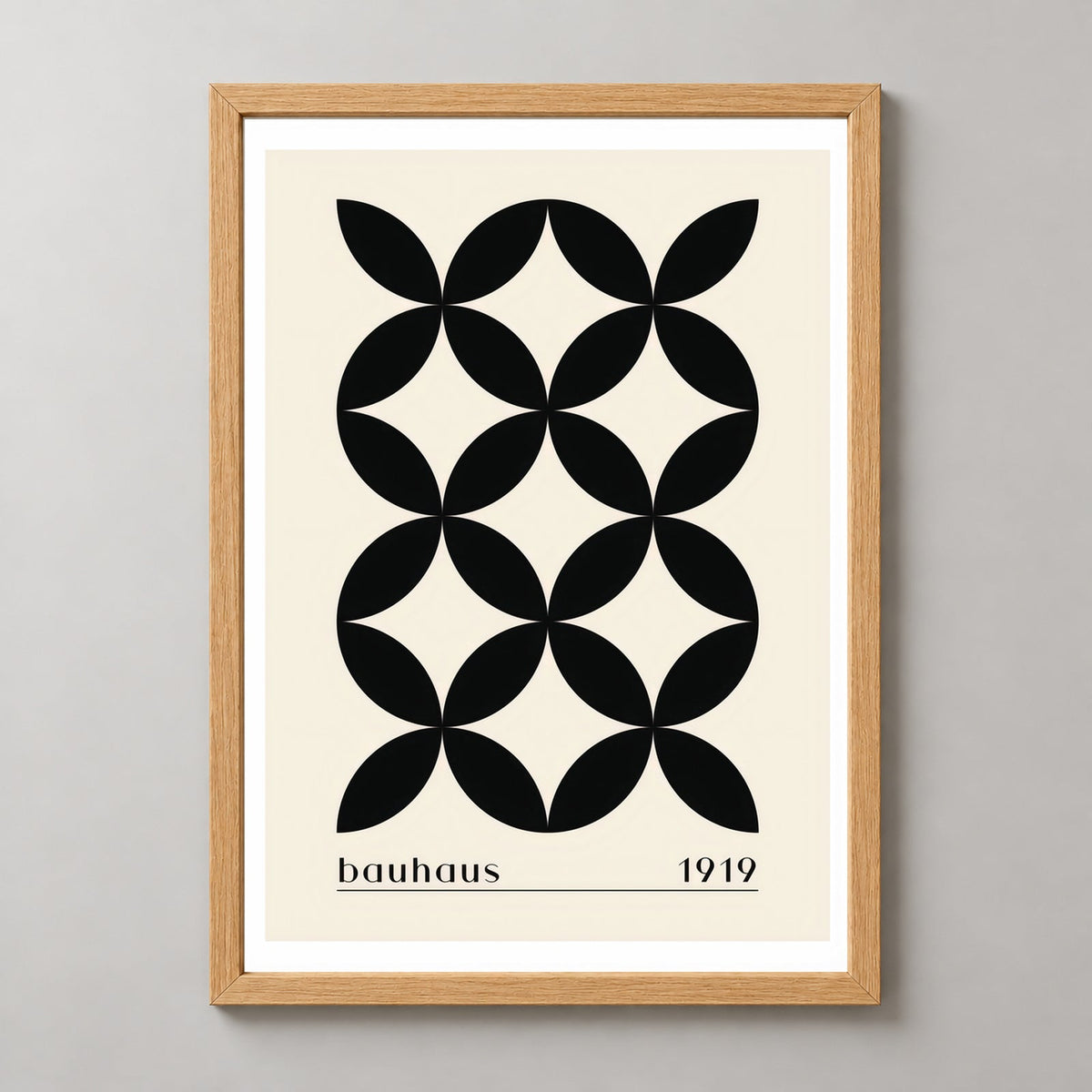Bauhaus 1919 - Classic Geometric Art Print — realistic natural wood frame studio view
