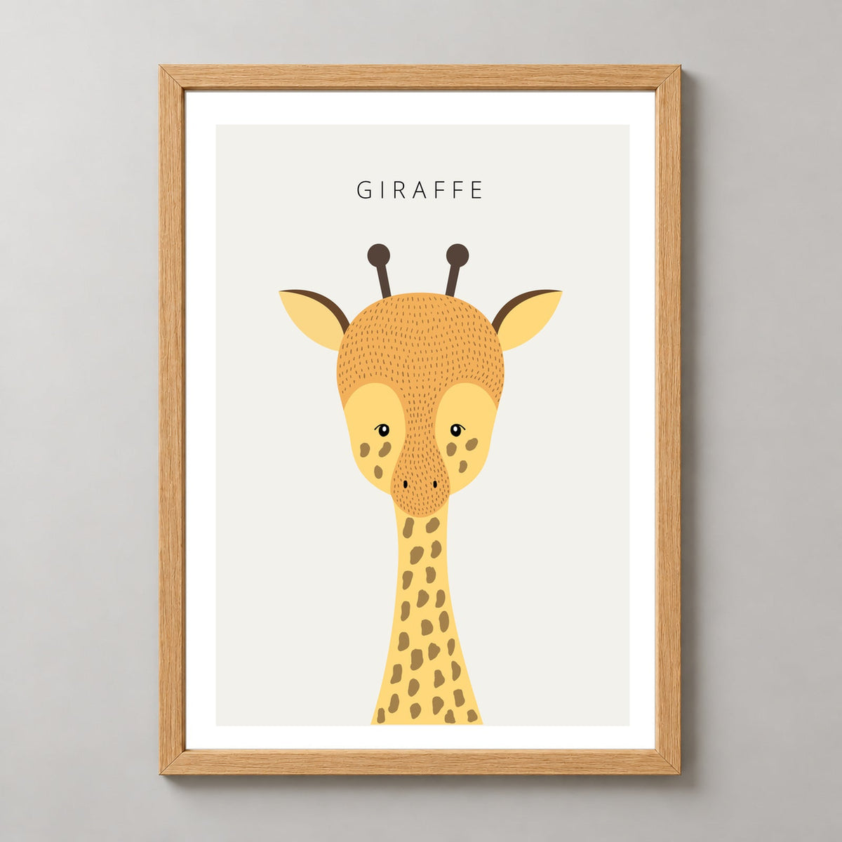 Minimalist Giraffe Illustration - Modern Animal Art Print — realistic natural wood frame studio view