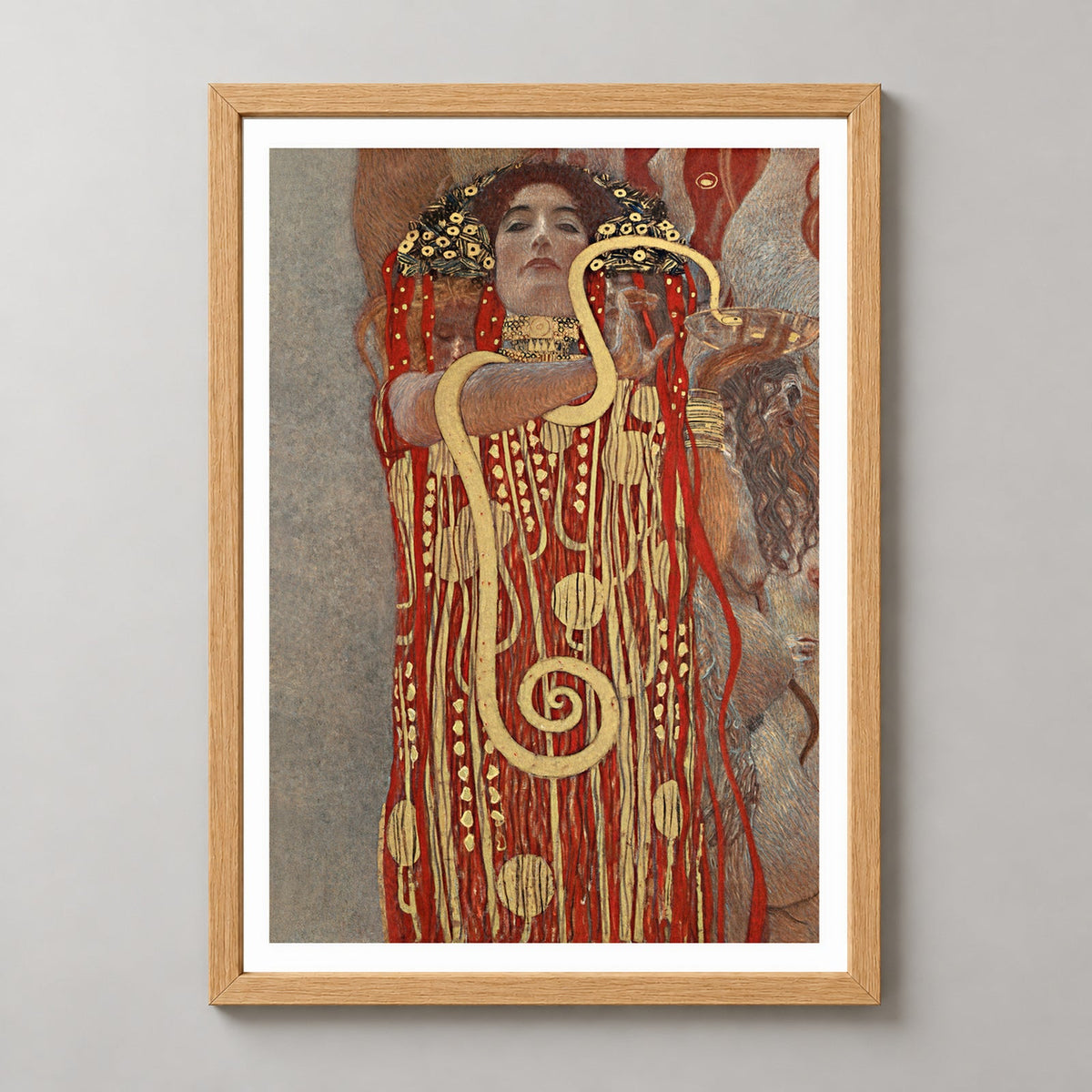 Gustav Klimt's Hygieia (1907) - Iconic Art Nouveau Print — realistic natural wood frame studio view