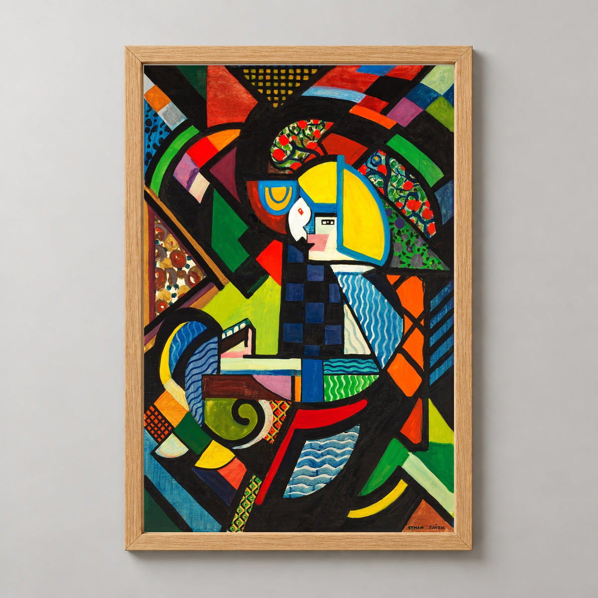 Colorful Abstract Geometric Artwork by Eytan Saban – Vibrant Art Print — realistic natural wood frame studio view