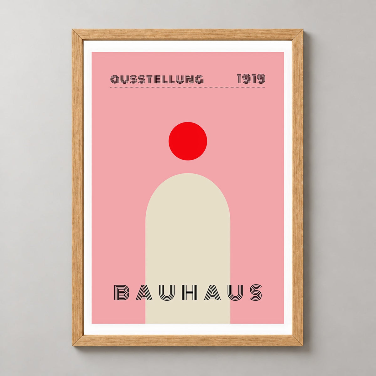 Bauhaus Ausstellung 1919 Art Print - Iconic Abstract Design — realistic natural wood frame studio view