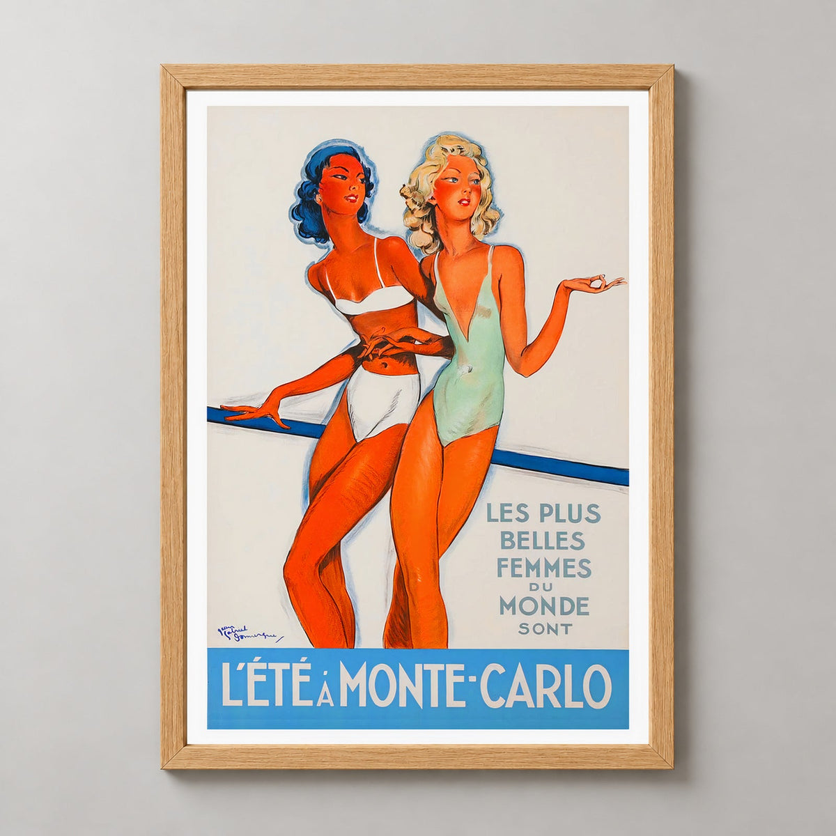 L'Été à Monte-Carlo - Vintage Poster Art Print by Jean Gabriel Domergue — realistic natural wood frame studio view