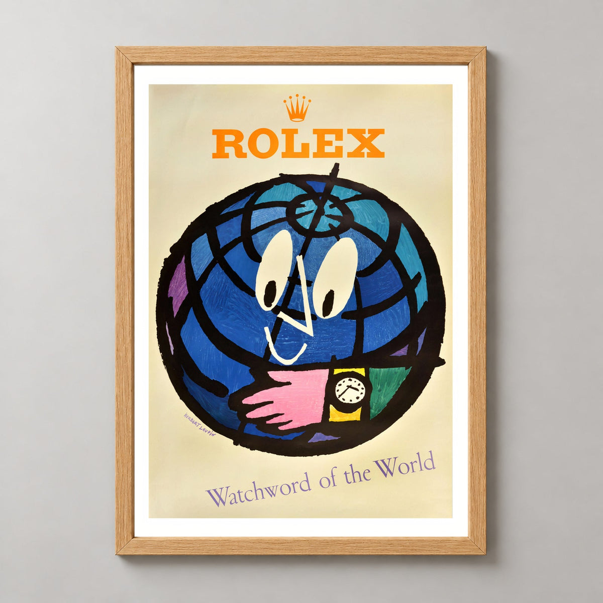 Herbert Leupin - Rolex Watchword of the World Vintage Print — realistic natural wood frame studio view