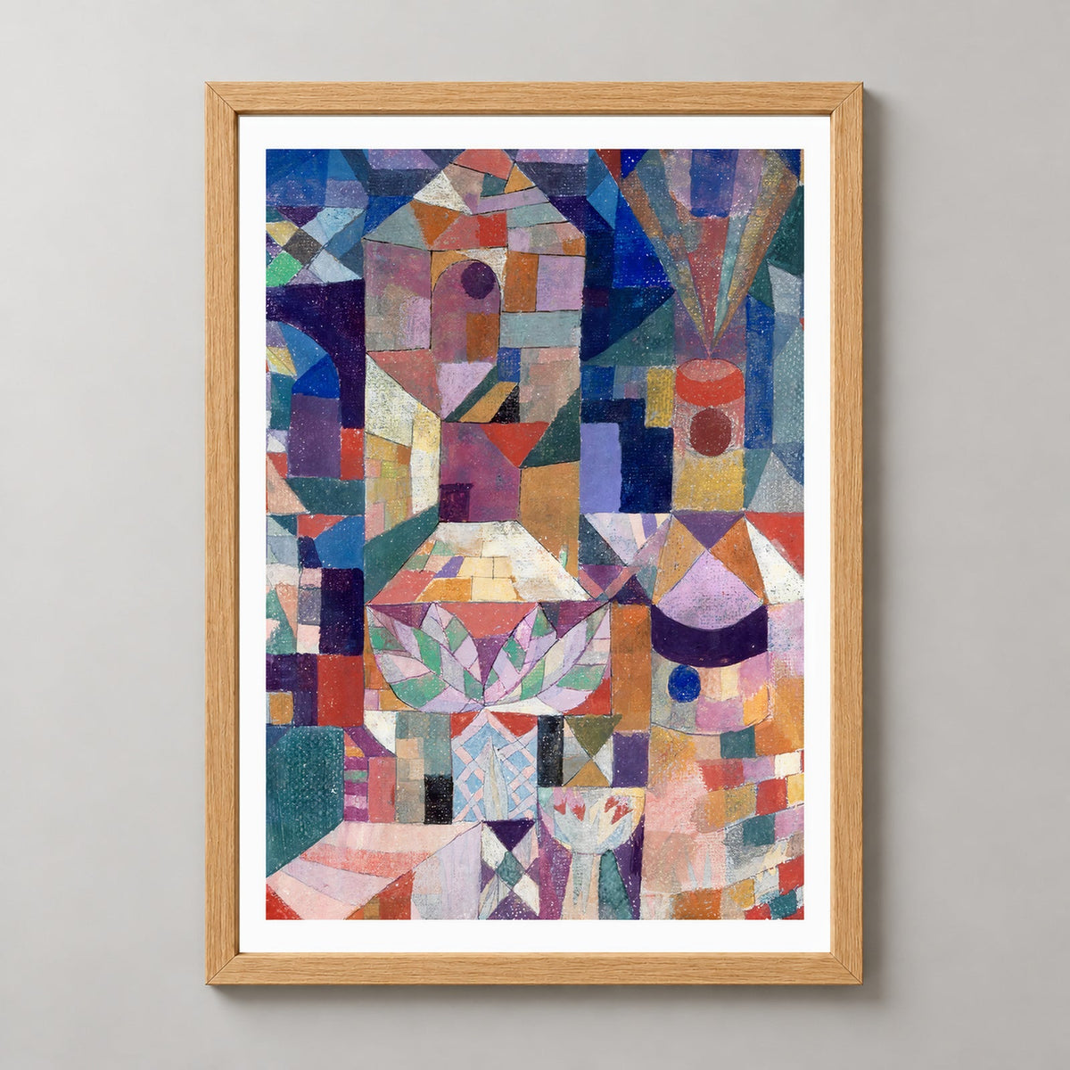 Paul Klee's Castle and Sun - Geometric Abstract Art Print — realistic natural wood frame studio view