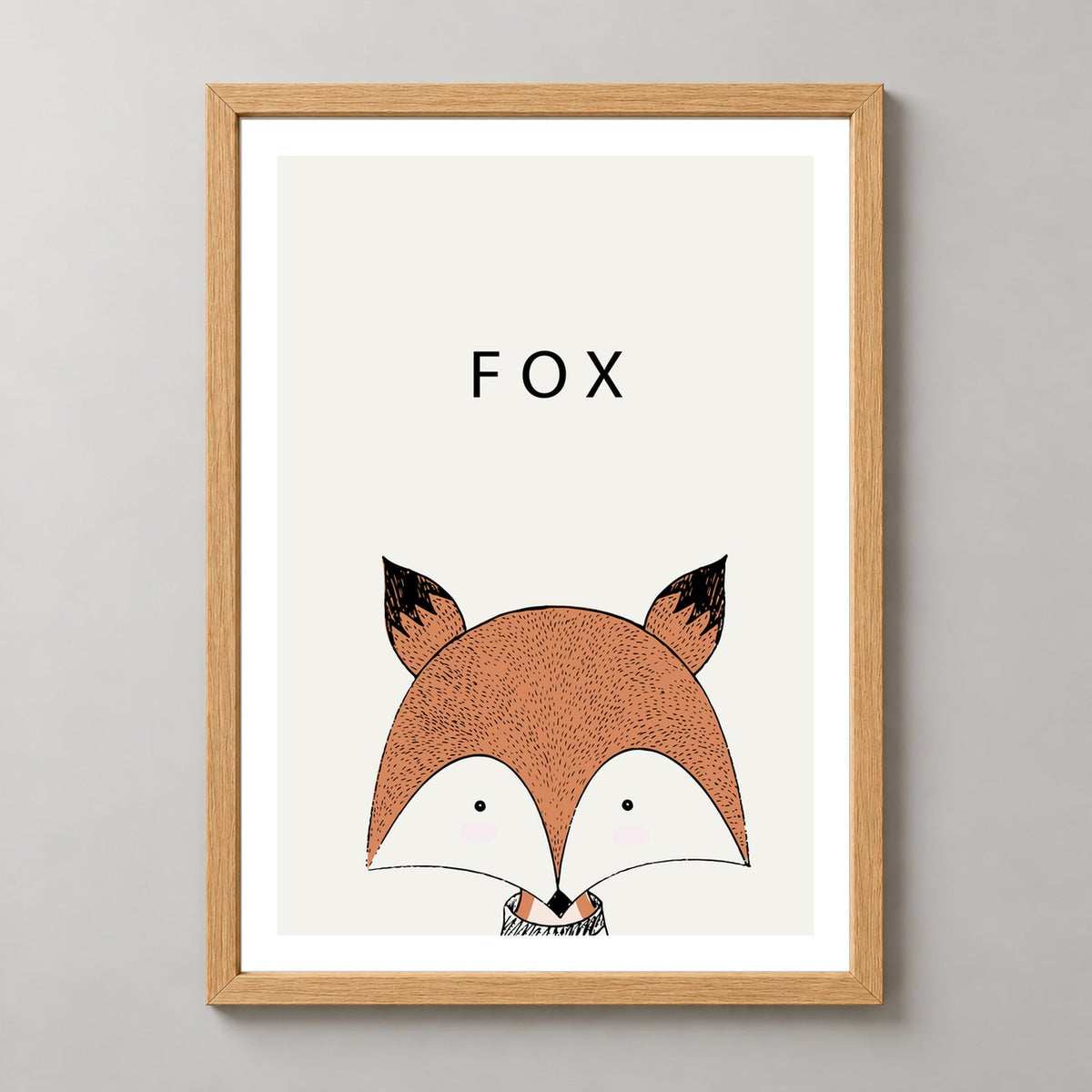 Whimsical Fox Illustration - Modern Minimalist Art Print — realistic natural wood frame studio view