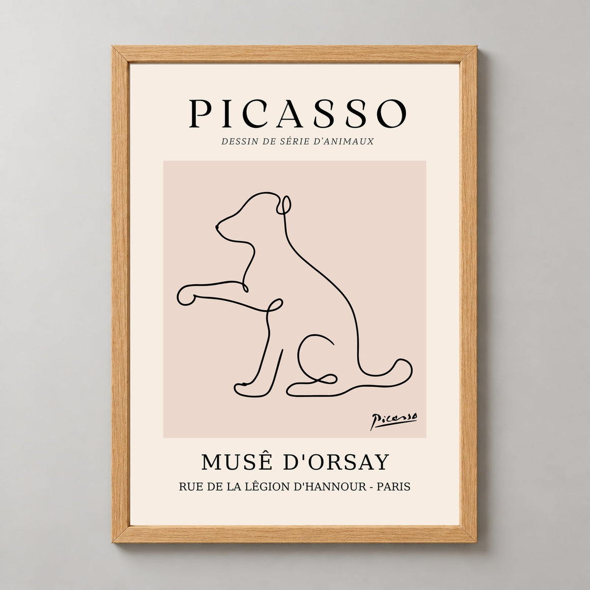 Picasso's Animal Series Drawing - Minimalist Art Print — realistic natural wood frame studio view