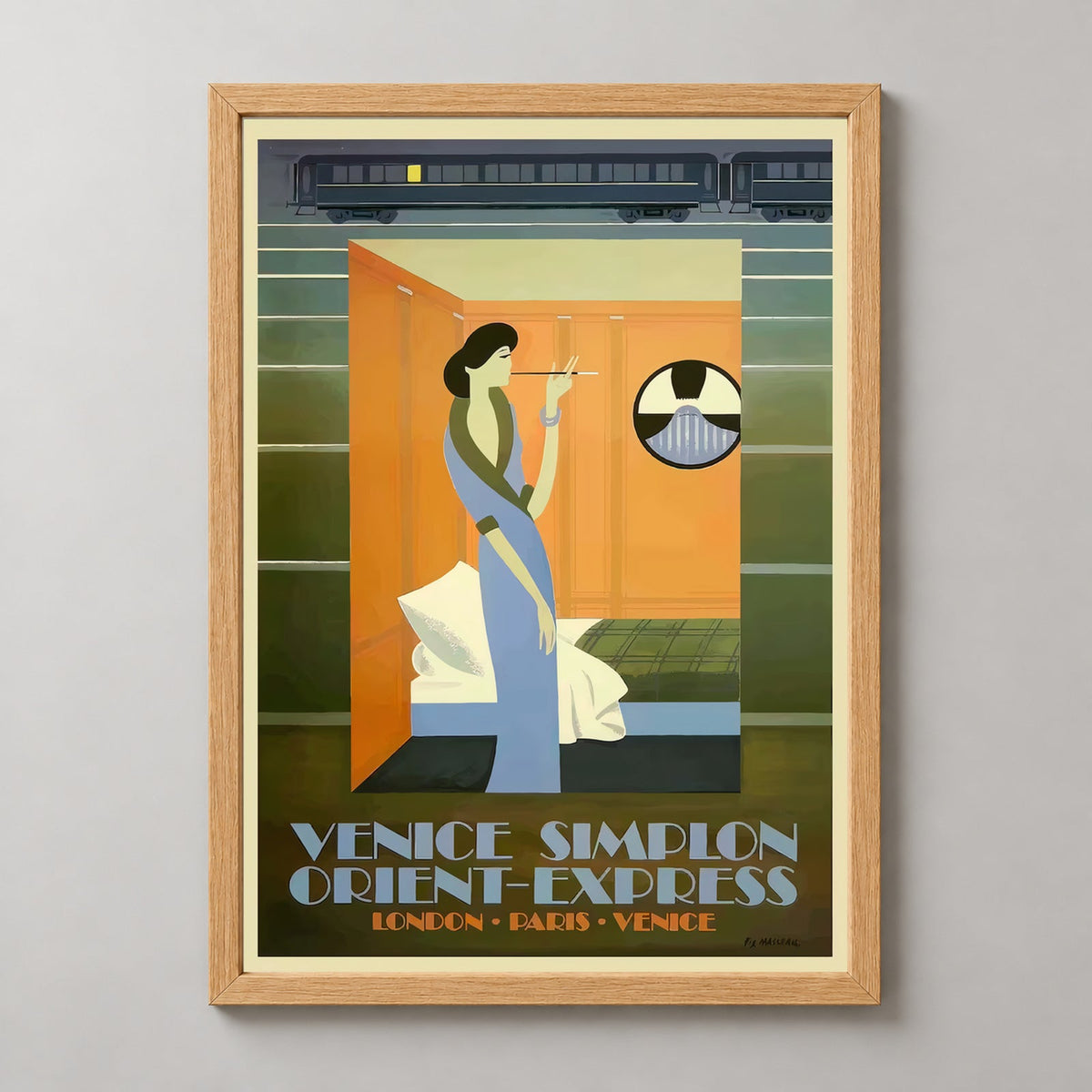 Vintage Venice Simplon Orient-Express Art Print - Timeless Travel Poster — realistic natural wood frame studio view