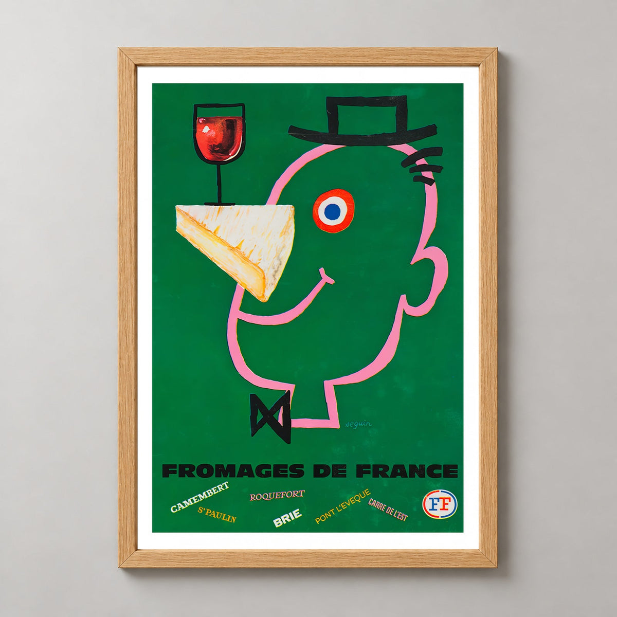 Fromages de France - Vintage French Cheese Poster by Seguin — realistic natural wood frame studio view