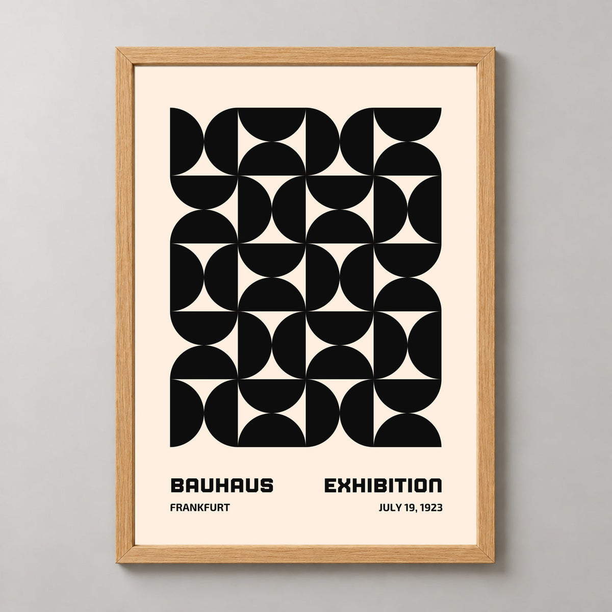 Bauhaus Exhibition Poster - 1923 Geometric Abstract Art Print — realistic natural wood frame studio view