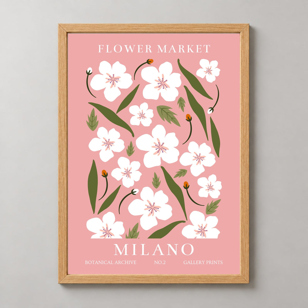Milano Flower Market Botanical Print - Vintage Style Art — realistic natural wood frame studio view