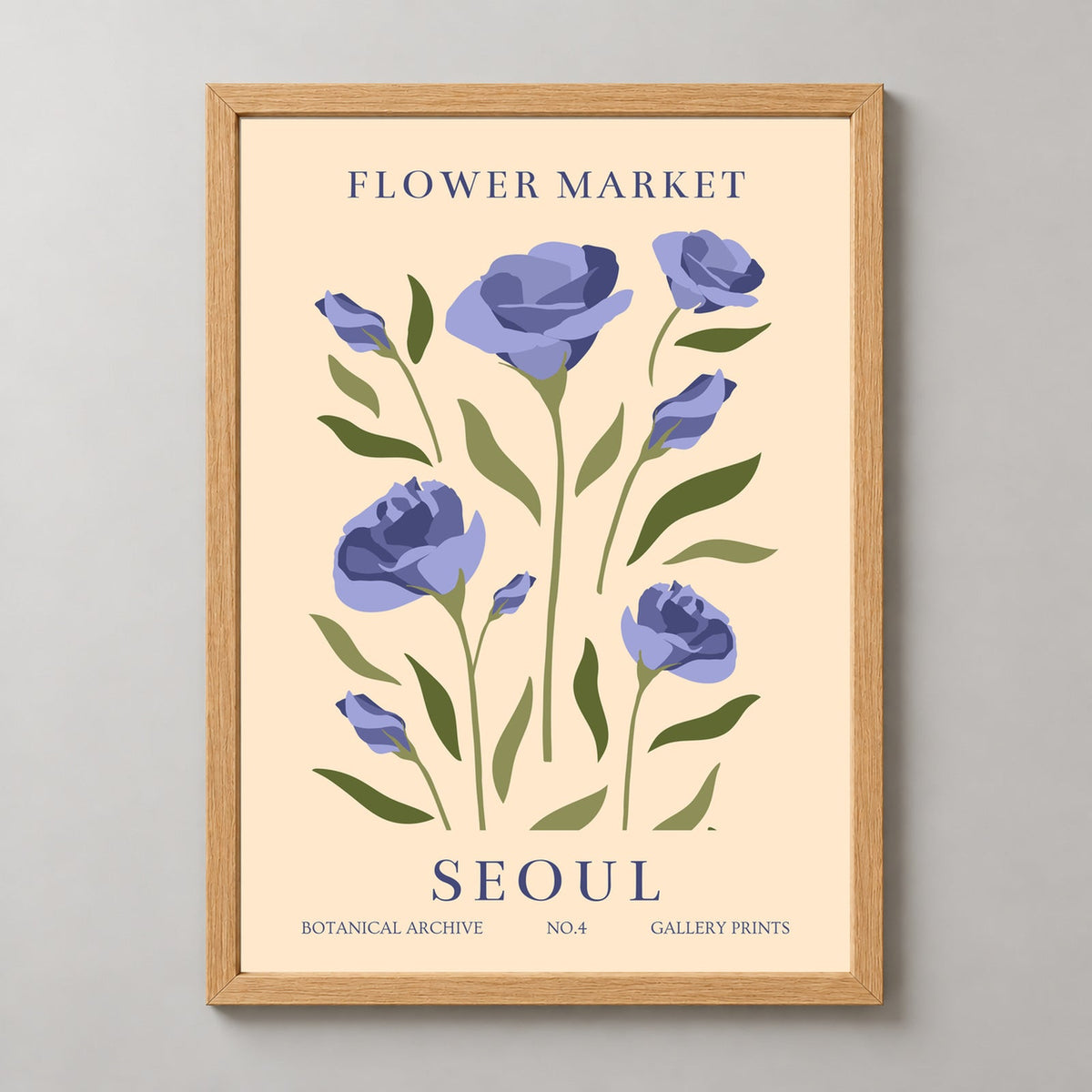 Seoul Flower Market - Botanical Archive No.4 Art Print — realistic natural wood frame studio view