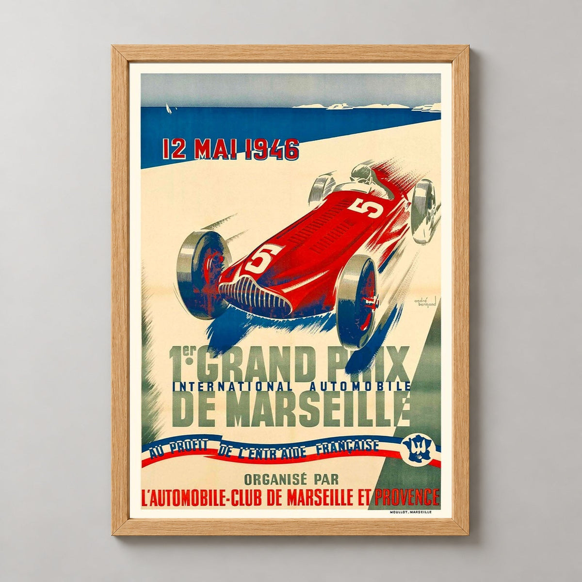 1er Grand Prix de Marseille 1946 - Vintage Racing Poster Art by André Bermond — realistic natural wood frame studio view