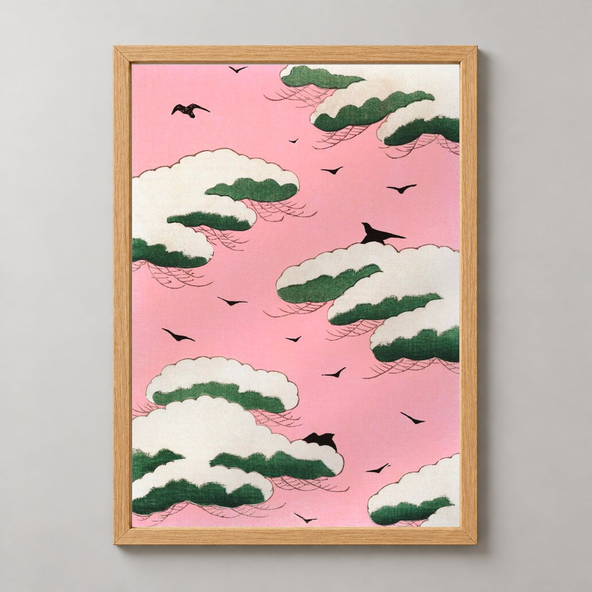 Traditional Japanese Cloud and Birds Print - Serene Art for Home Decor — realistic natural wood frame studio view
