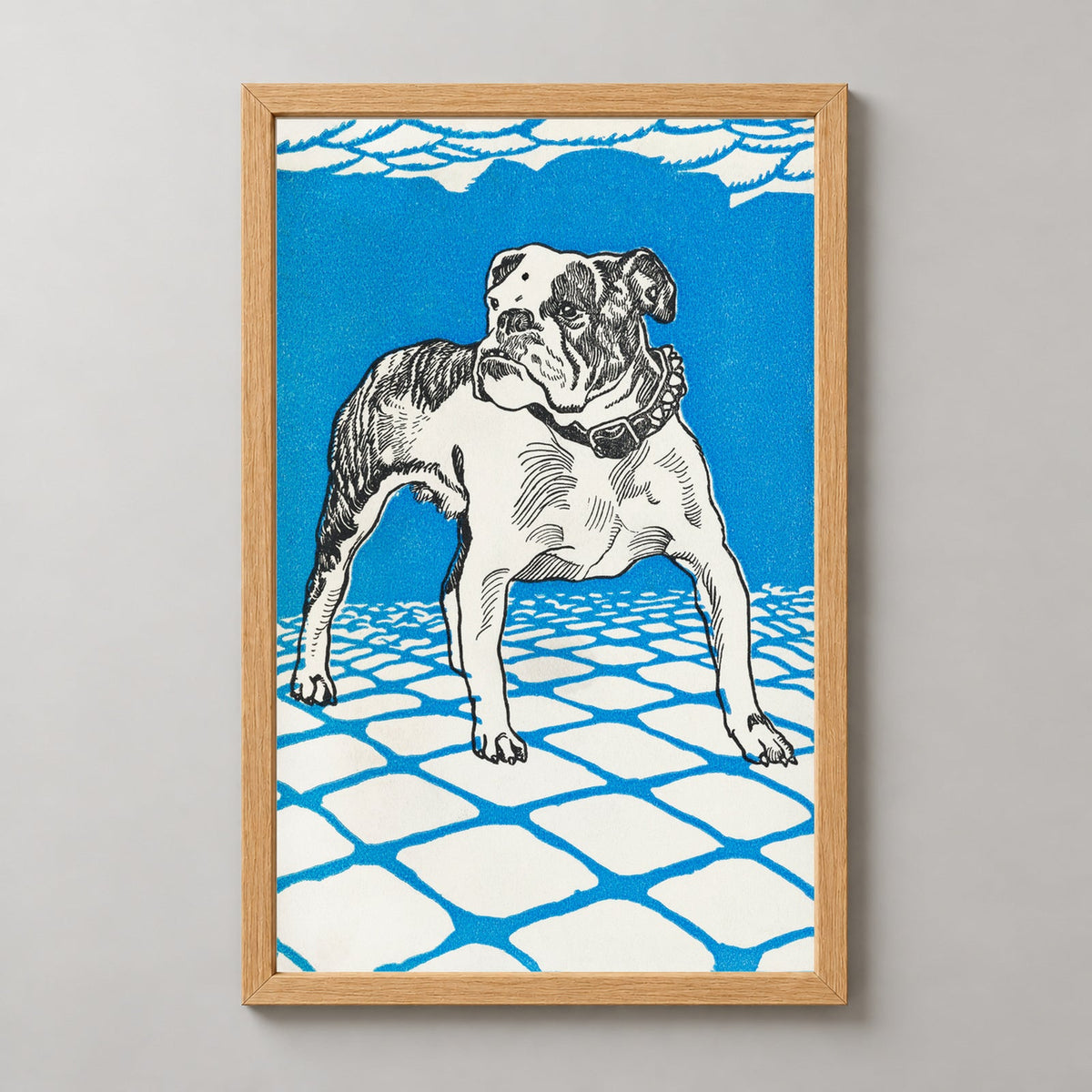 Vintage Bulldog Illustration Art Print - Charming Canine Design — realistic natural wood frame studio view