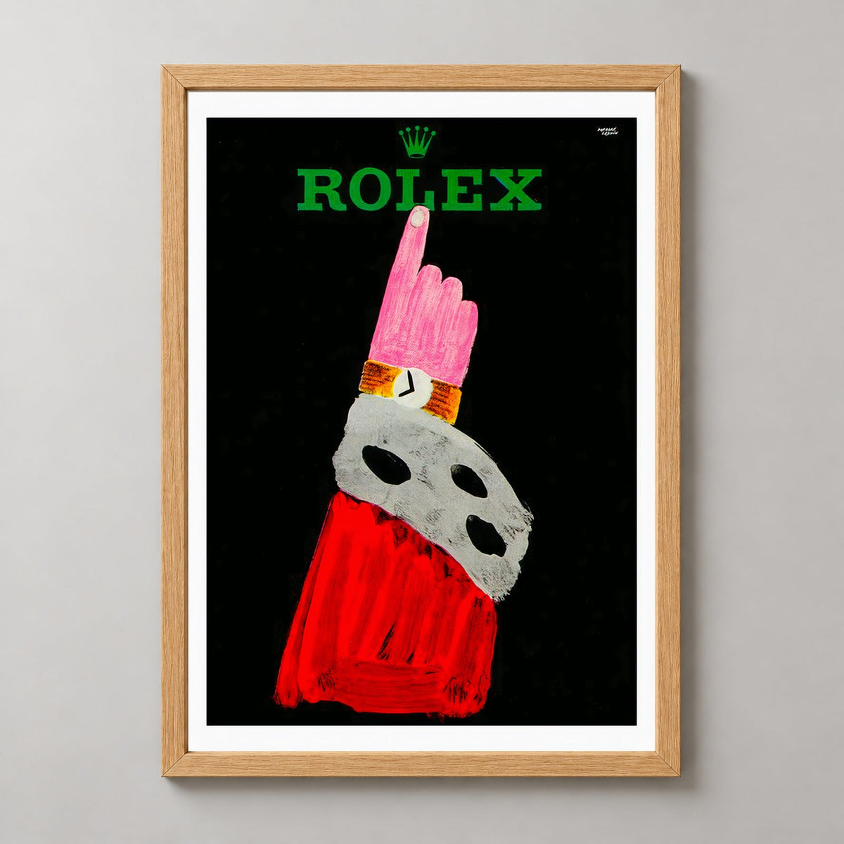 Retro Rolex Ad Art Print by Renem — realistic natural wood frame studio view