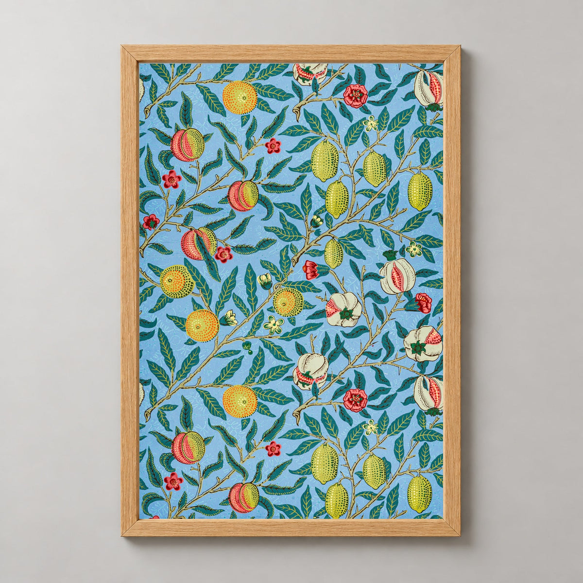 William Morris Fruit Garden - Vintage Botanical Art Print — realistic natural wood frame studio view