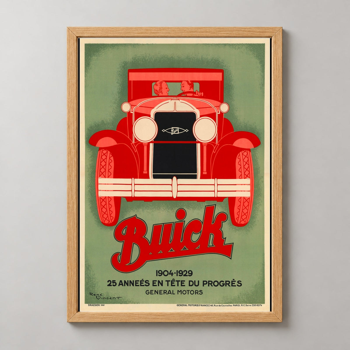 René Vincent Buick Vintage Poster - Classic Automotive Advertising Art — realistic natural wood frame studio view
