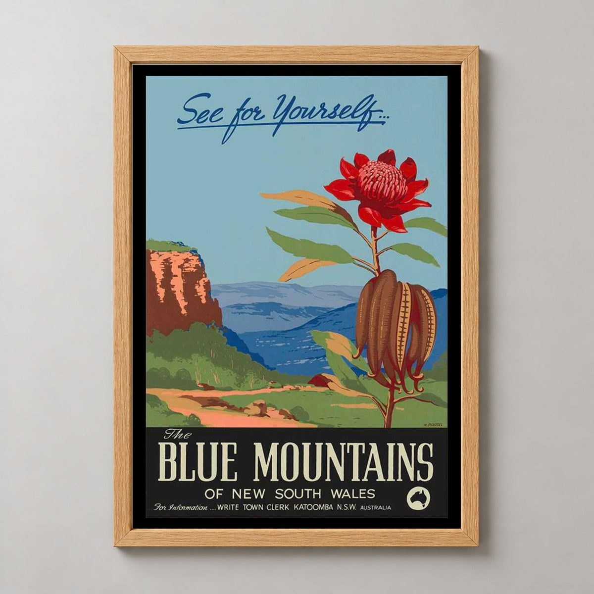 The Blue Mountains of New South Wales - Vintage Travel Poster — realistic natural wood frame studio view