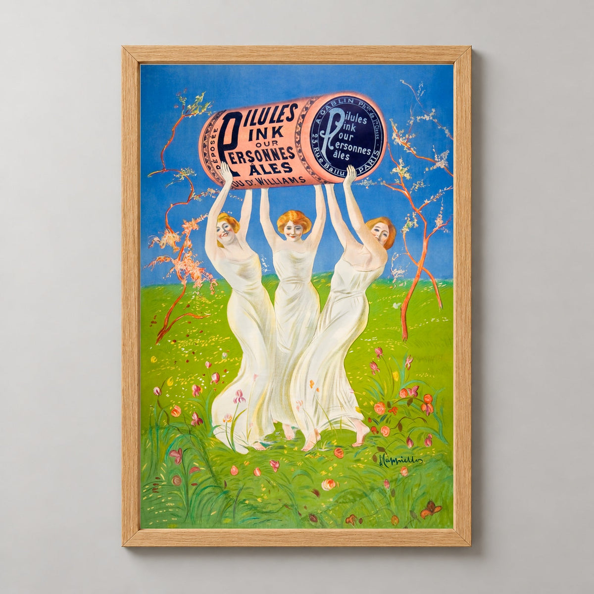 Vintage Art Nouveau Poster by Dr. Williams - Three Women with Pillules Ink — realistic natural wood frame studio view