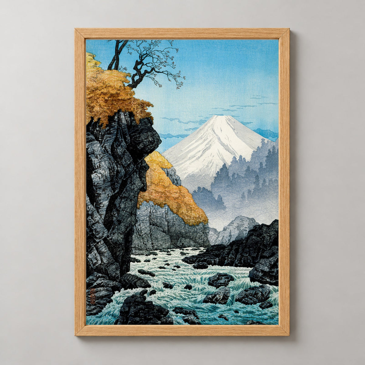 Scenic Mountain River Japanese Ukiyo-e Art Print — realistic natural wood frame studio view