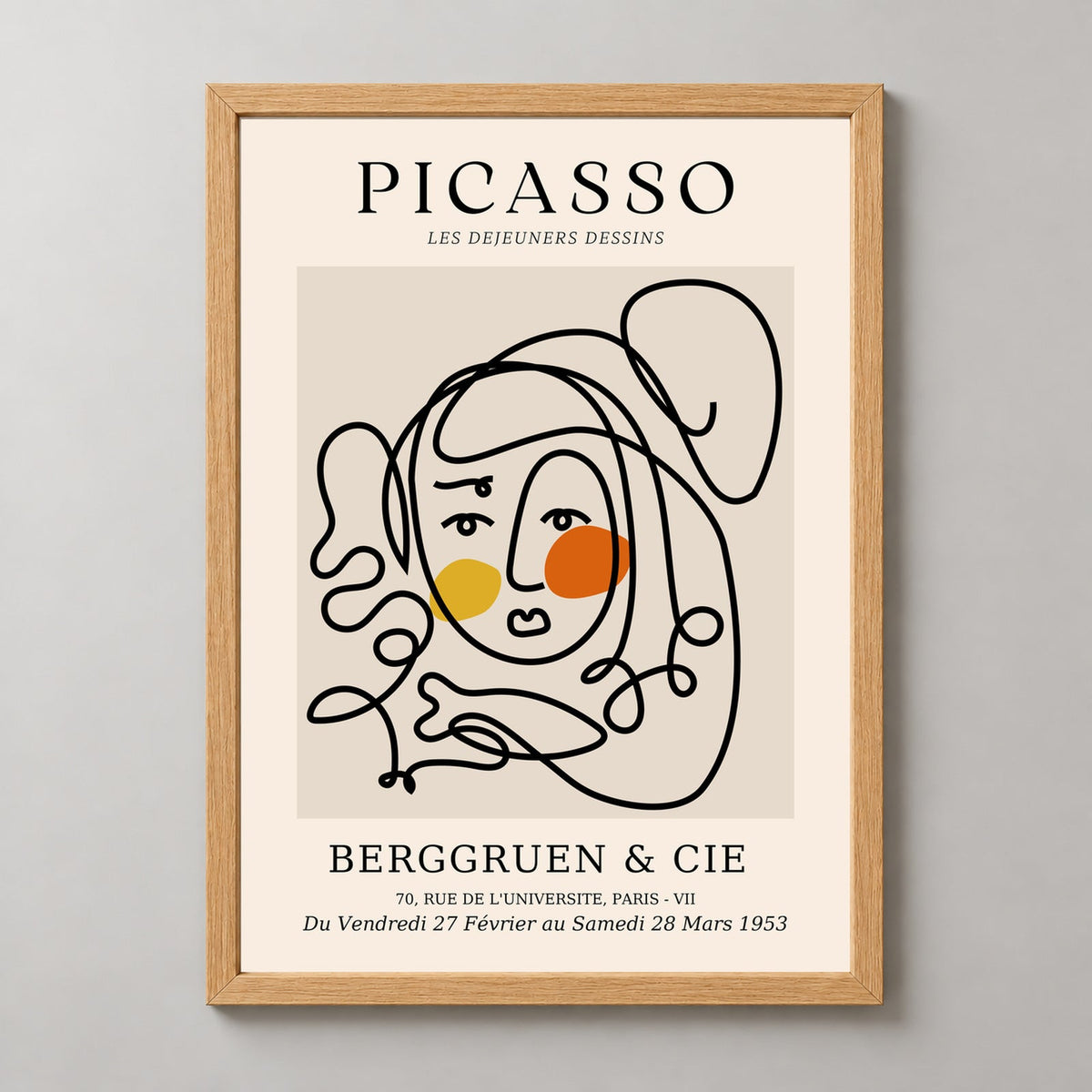 Picasso's Les Dejeuners Dessins - Iconic Berggruen Exhibition Art Print — realistic natural wood frame studio view