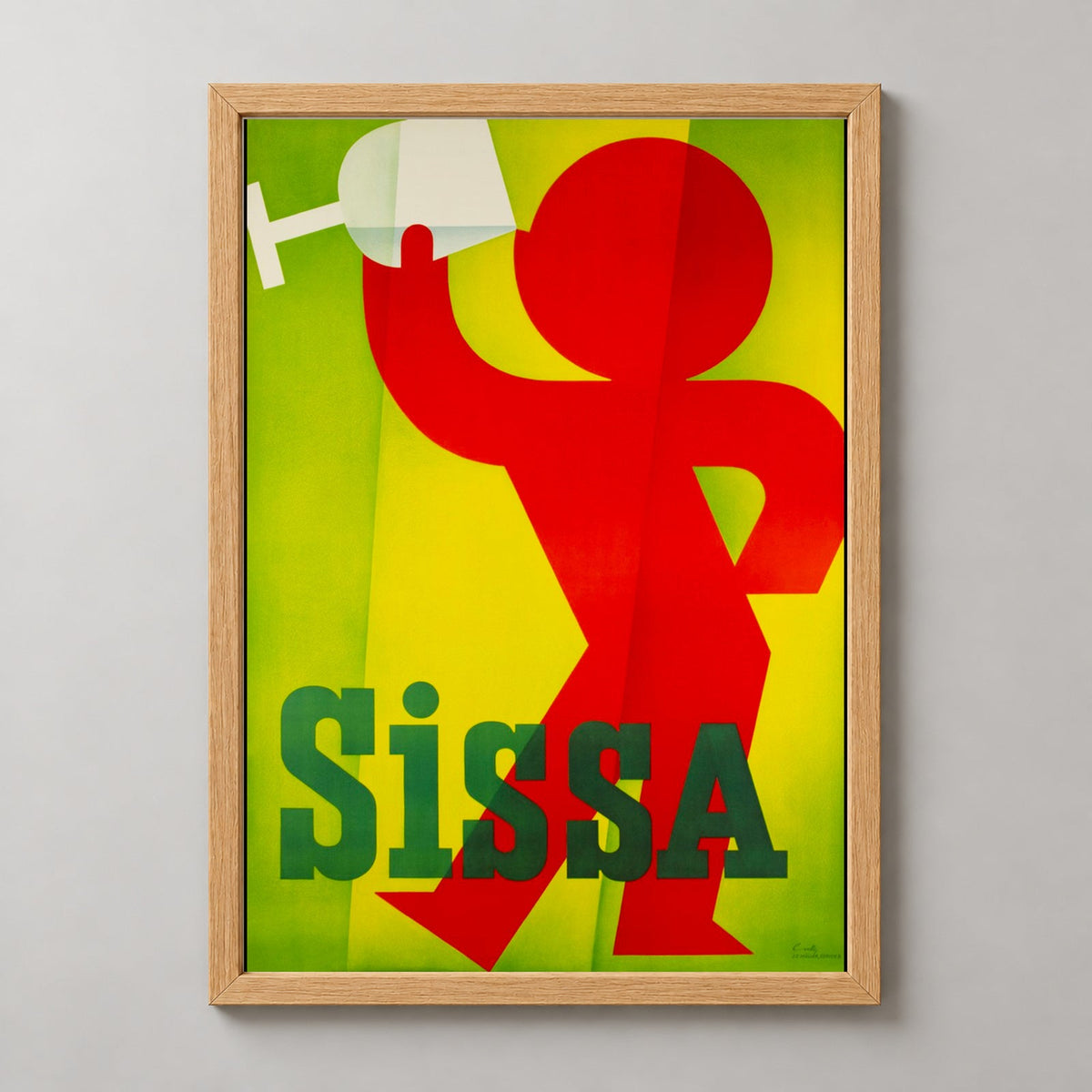 Vintage Sissa Poster - Minimalist Red Figure with Wine — realistic natural wood frame studio view