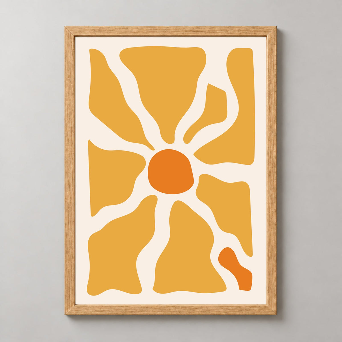 Abstract Sunburst - Bold Geometric Art Print — realistic natural wood frame studio view
