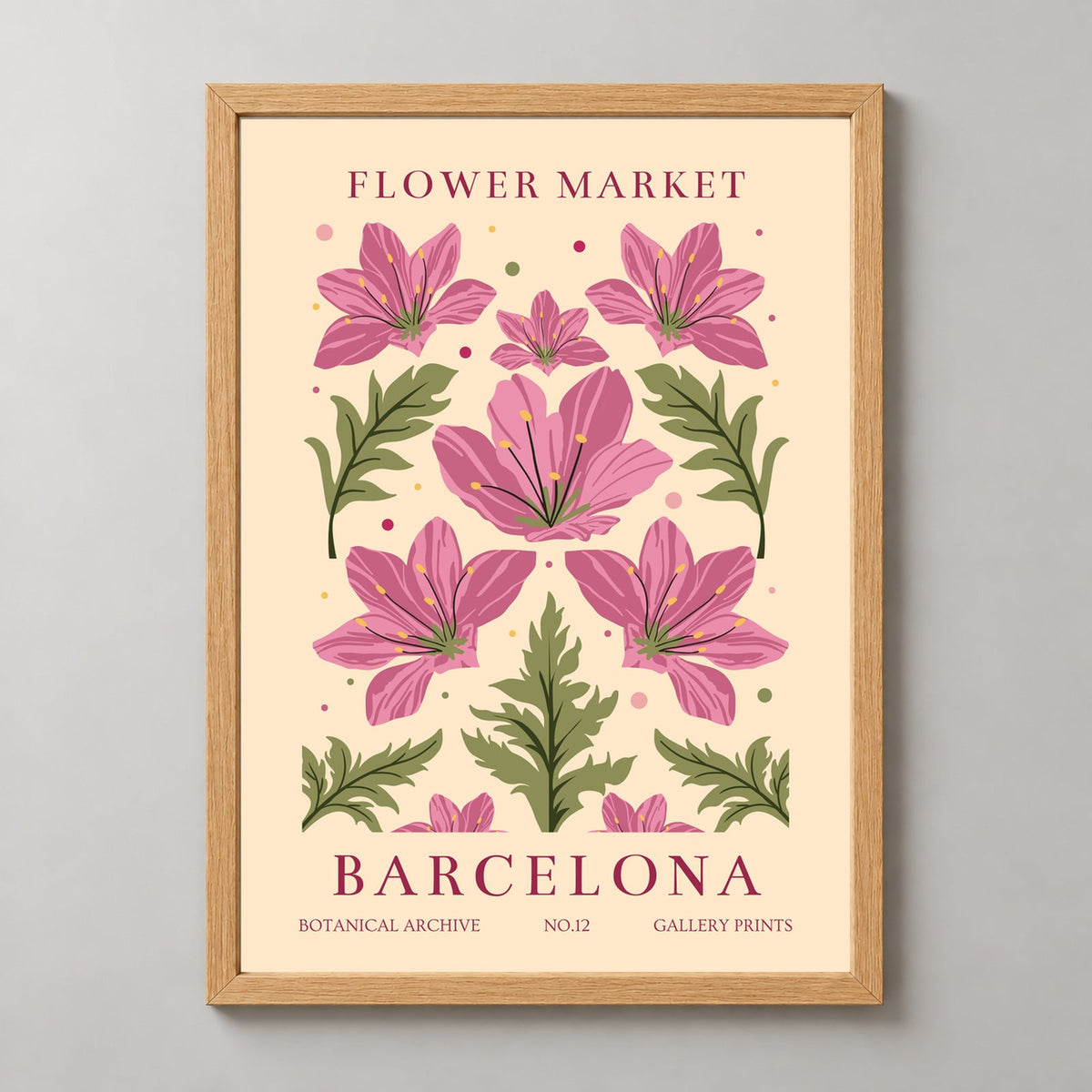 Flower Market in Barcelona - Vibrant Botanical Art Print — realistic natural wood frame studio view