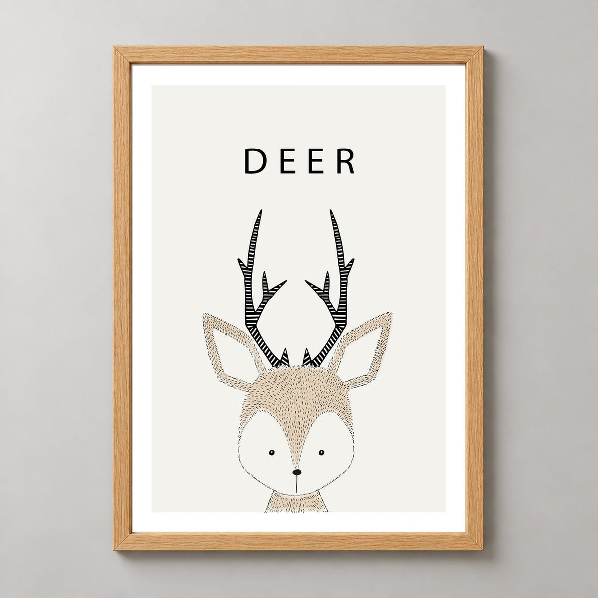 Charming Deer Illustration - Minimalist Animal Art Print — realistic natural wood frame studio view