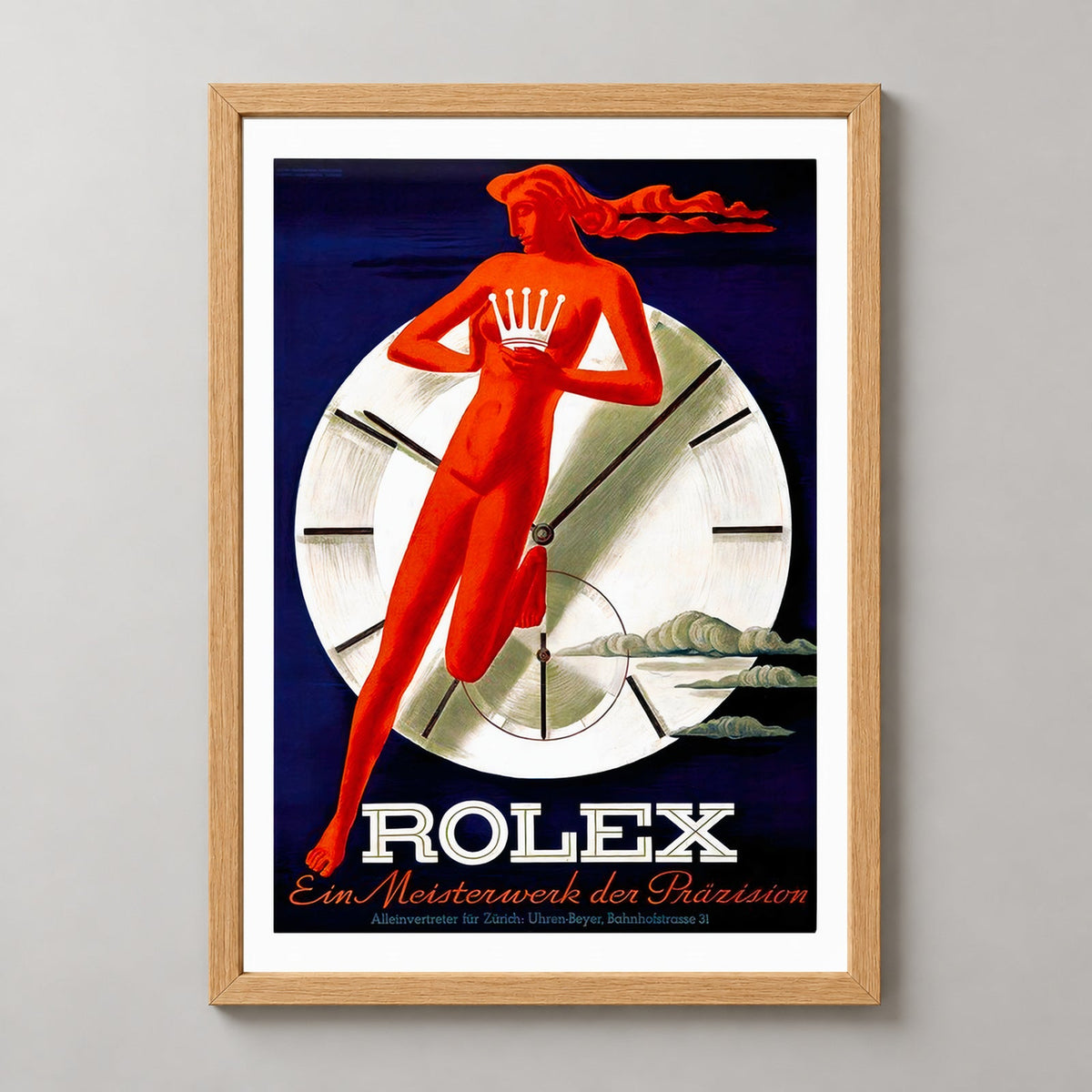 Vintage Rolex Advertising Poster - Iconic Art Deco Timepiece Illustration — realistic natural wood frame studio view