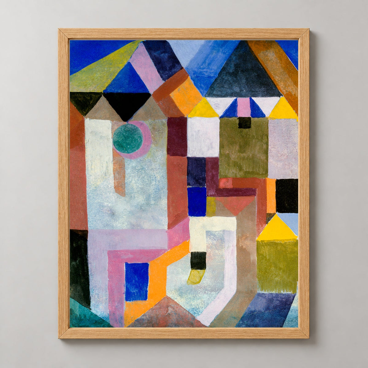 Paul Klee's Colorful Architecture - Abstract Modernist Art Print — realistic natural wood frame studio view