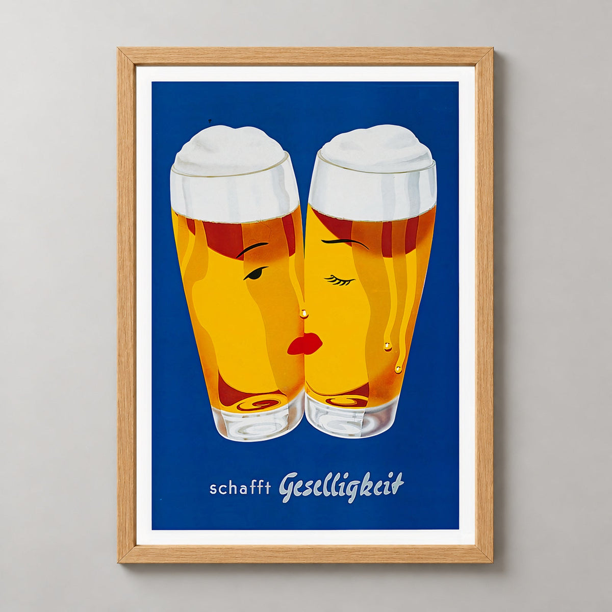 Schafft Geselligkeit Beer Poster - Classic Vintage Advertising Art Print — realistic natural wood frame studio view