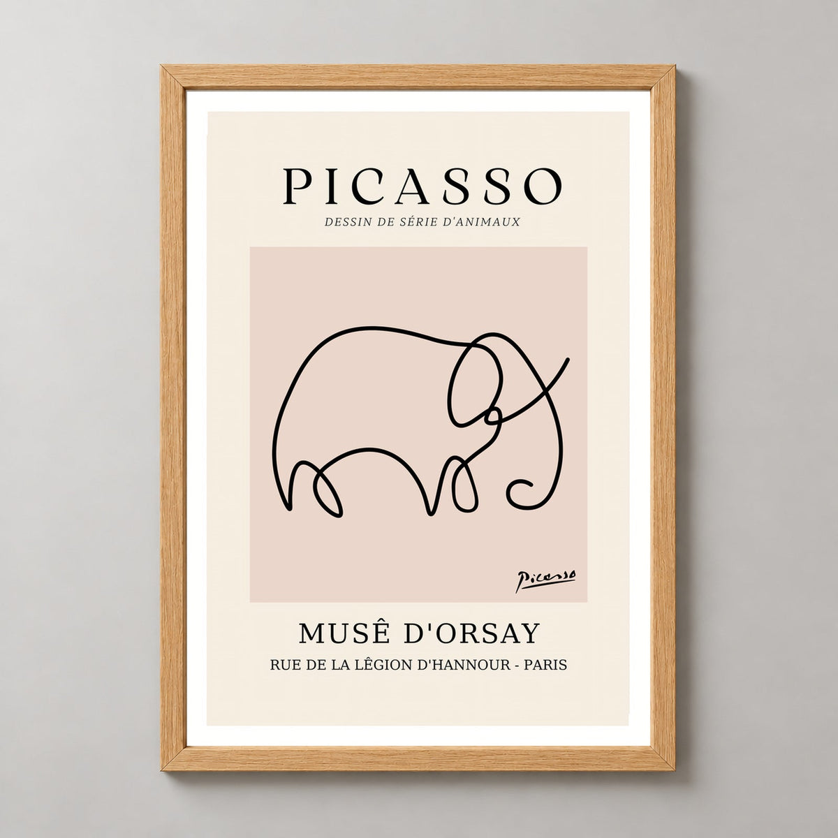 Picasso's Minimalist Elephant - Iconic Line Drawing Art Print — realistic natural wood frame studio view