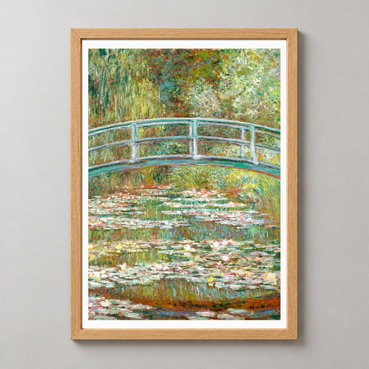 Monet’s Japanese Bridge - Iconic Impressionist Art Print — realistic natural wood frame studio view