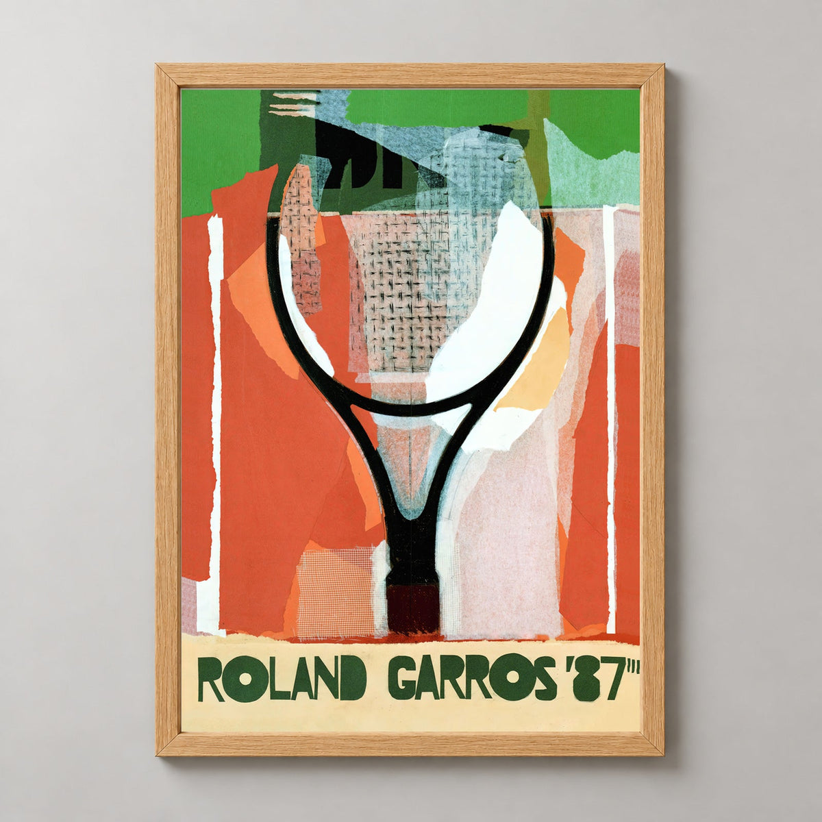 Vintage Roland Garros 1987 Tennis Poster - Iconic Sports Memorabilia — realistic natural wood frame studio view